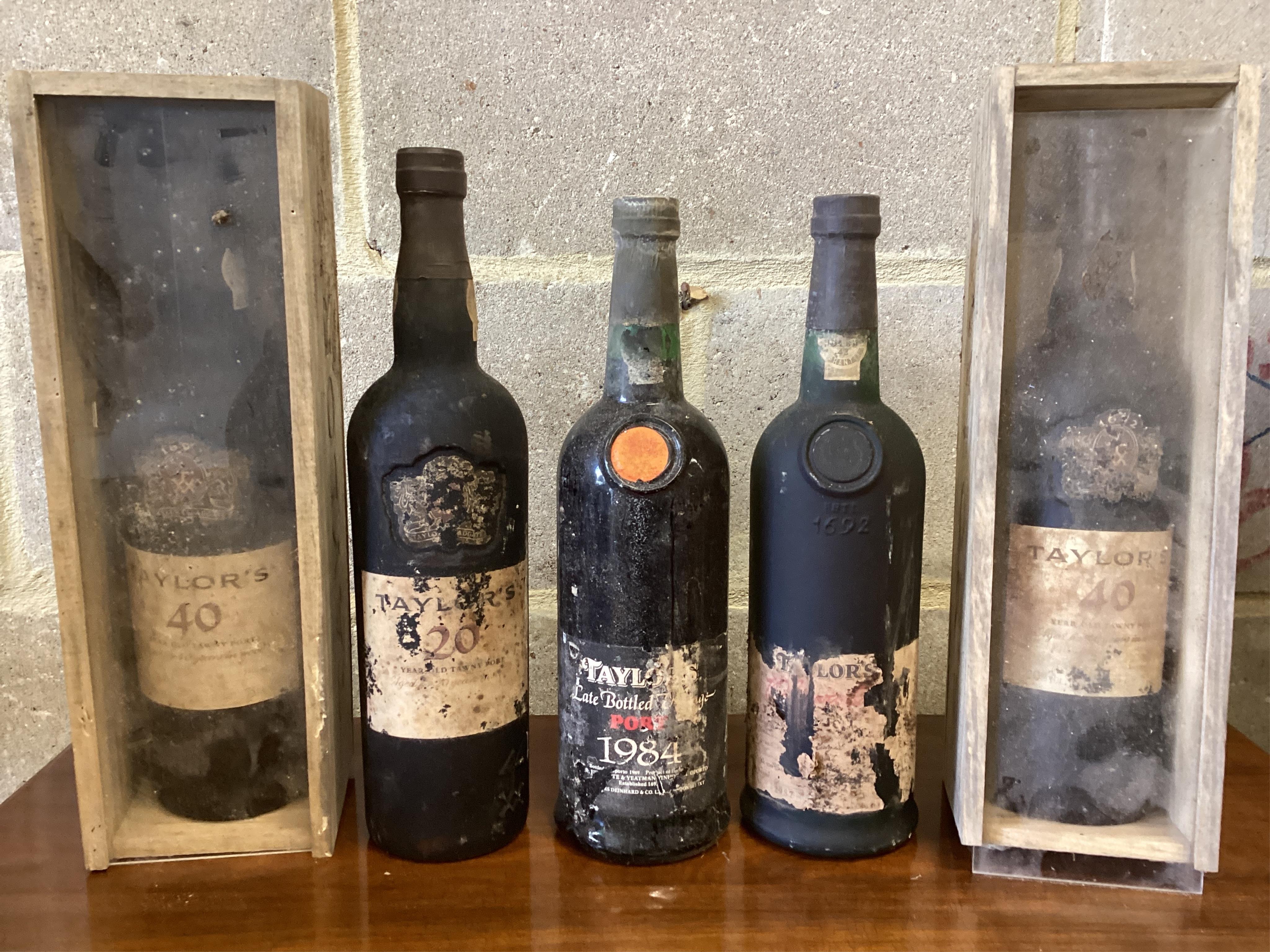 Five bottles of Taylor’s vintage port. (From a local private cellar). Condition - labels degraded